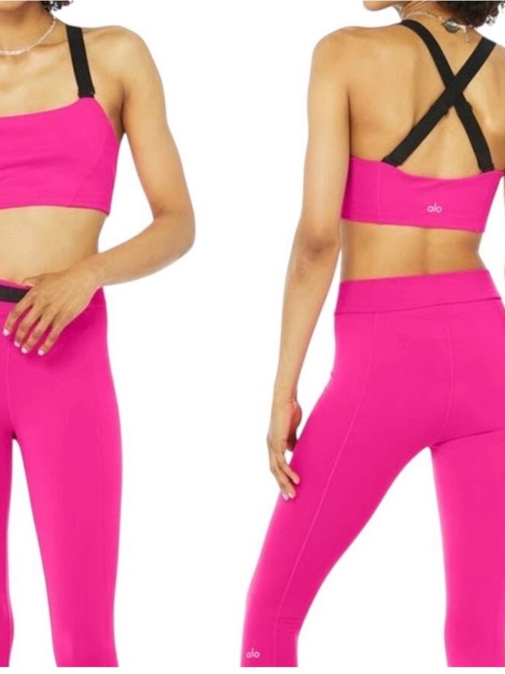 ALO Yoga Bright Hot Pink Sports Bra with Black Trim and matching leggings